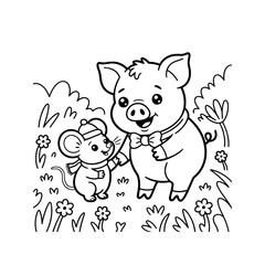 Friendly Pig and Mouse Friends in a Garden - Line Art Illustration