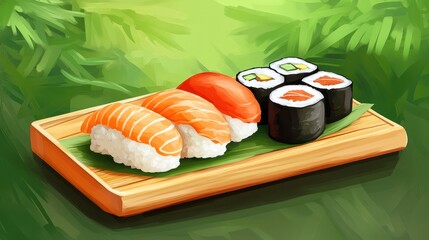 Assorted Sushi on a Wooden Platter Surrounded by Greenery