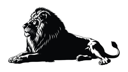 Majestic Lion in Repose: A striking monochrome portrayal of a regal lion at rest, exuding strength and authority. This stylized image of the king of the jungle captivates with its dynamic pose.