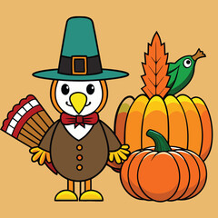 A whimsical Thanksgiving cartoon vector features a cute turkey with a pumpkin and a witch's hat, perfect for a funny holiday illustration set