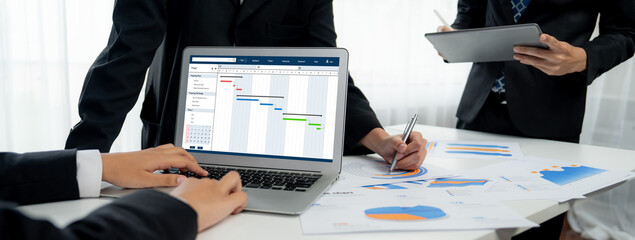 Project planning software for brisk business project management on the computer screen showing timeline chart of the team project