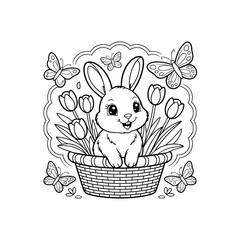 Adorable Easter Bunny in a Basket with Spring Flowers and Butterflies - Line Art Design