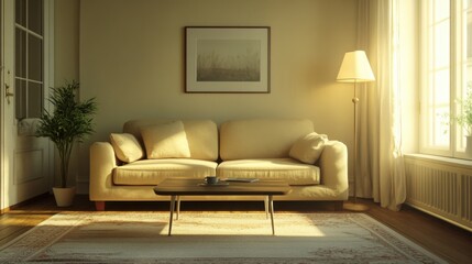 Living room. Beige sofa. Floor lamp. Rug. Coffe table