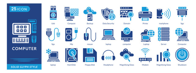 Computer icon set collection in solid glyph style. an icon pack contain Backup, Domain, Vga, Modem, Wifi, Hard Disk, mouse, Headphone, Printe, Battery