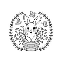Adorable Easter Bunny in a Basket of Tulips with Butterflies