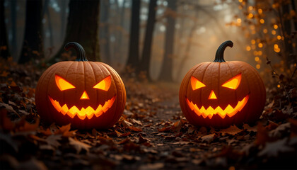 Spooky glowing jack-o'-lanterns illuminate a misty forest path with autumn leaves