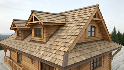 A detailed view of a wooden house with a cedar shake roof and dormer windows 