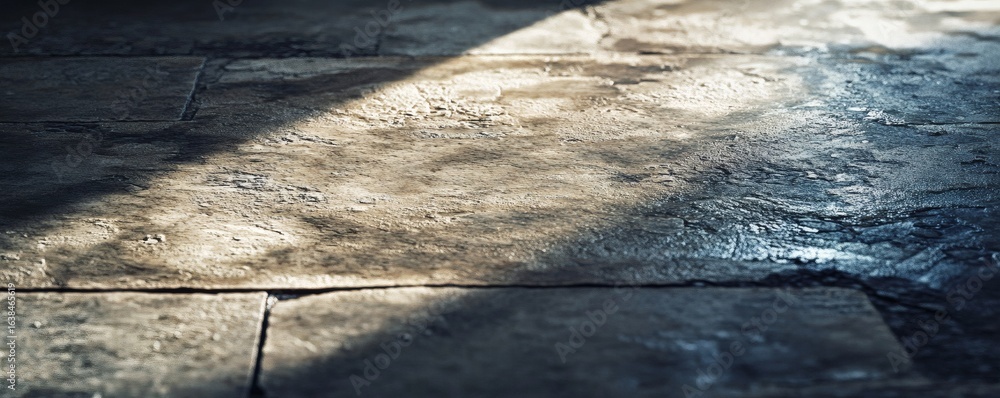 Poster close-up view of a stone pavement with sunlight patterns.