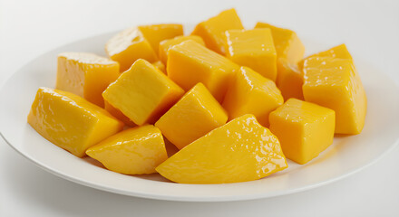 Fresh Mango Chunks Served in Plate Isolated on White