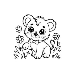 Adorable Cartoon Lion Cub in a Flower Garden - Line Art Illustration