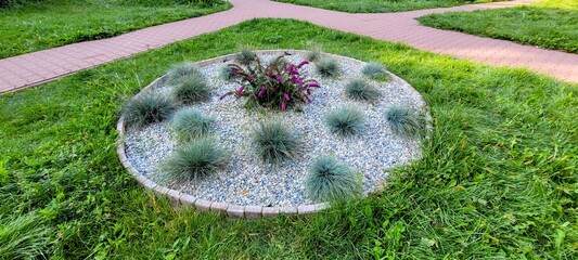 Explore a beautifully designed circular garden with vibrant greenery and durable gravel paths
