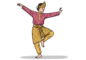 graceful woman in traditional Malay attire performs a dance showcasing vibrant colors and intricate patterns  A beautiful illustration for cultural themes and artistic designs