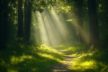 Obraz premium Sunbeams pierce through a dense forest illuminating a winding path with vibrant green foliage