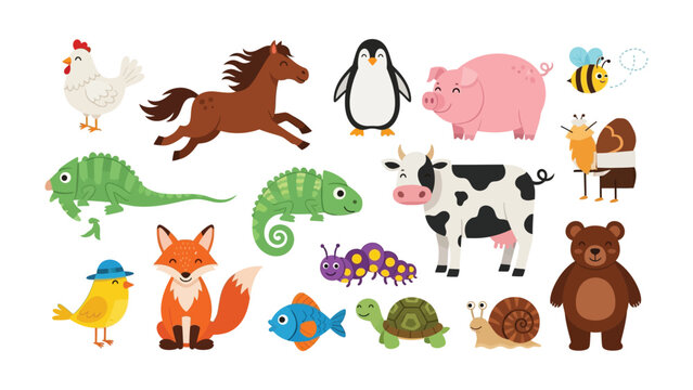 Animal Kingdom Collection: A charming and vibrant illustration featuring an assortment of diverse animals. Depicted with bright colors, offering a captivating visual narrative.