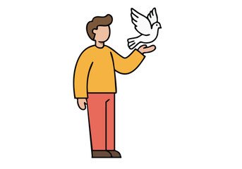 man offers a white dove symbolizing peace Clean lines soft colors and a minimalist style create a hopeful and serene image Suitable for peace freedom and humanitarian themes