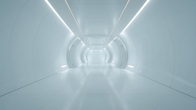 Clean futuristic white corridor with ambient lighting, curved walls, sterile environment, sci-fi mood, minimalism