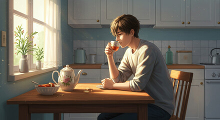 A man sips tea at a wooden table in a bright kitchen with a teapot and fruit bowl nearby window light