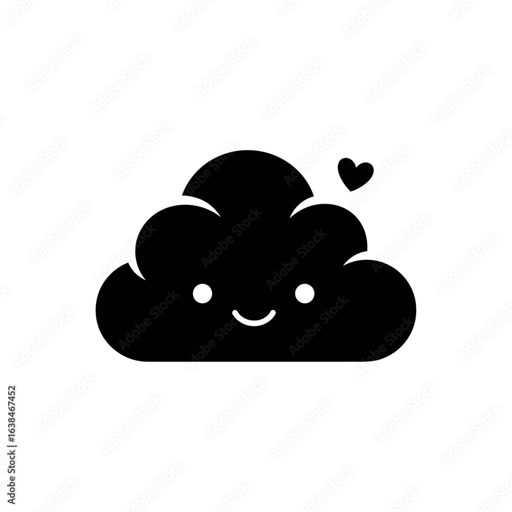 Poster a black cloud with a smiling face and a small heart floating above it on a white background design a