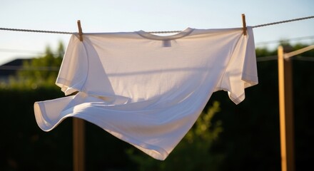 White T-shirt drying on clothesline, sunny day.
