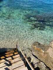 Top view of stairs leading to clear turquoise water