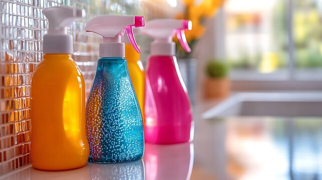 Colorful cleaning spray bottles lined up on a countertop ready for household chores
