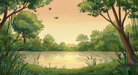 Serene lake surrounded by lush greenery with birds flying in the sky at sunset illustration