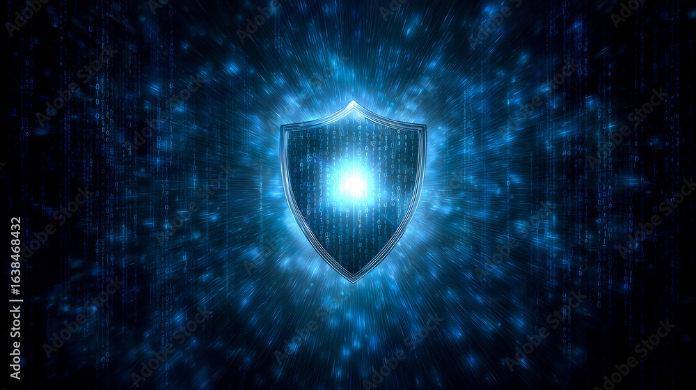 Aufkleber blue glowing shield with particle network on dark background