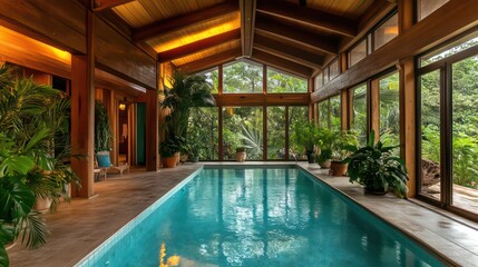 Fototapeta premium Cozy indoor swimming pool with wooden beams, plants, and warm inviting light