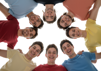 A vibrant circle of happy young adults showcases unity and friendship, embodying a strong sense of community and shared joy, perfect for themes of collaboration and youthful spirit.