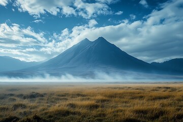 Fototapeta premium Majestic mountain peaks rise above misty plains under a dramatic cloudy sky