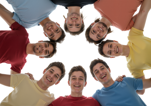 A vibrant circle of happy young adults showcases unity and friendship, embodying a strong sense of community and shared joy, perfect for themes of collaboration and youthful spirit.