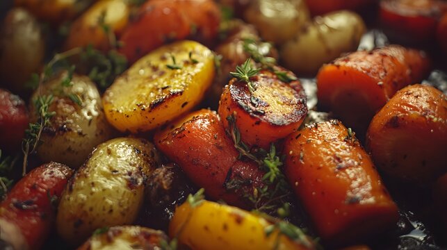 Roasted potatoes and tomatoes recipe with herbs delicious and healthy side dish for dinner idea food photography