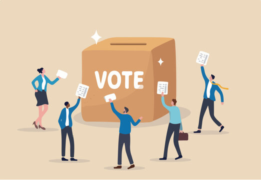 Voting, poll or employee feedback questionnaire, politic choice, opinion or democracy, election or customer survey, referendum concept, diverse people hold voting paper checkmark putting in vote box.