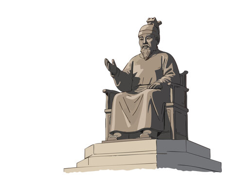 stylized statue of King Sejong the Great creator of Hangul with a quote displayed beneath The image features a monument in a simple modern style suitable for educational or historical themes