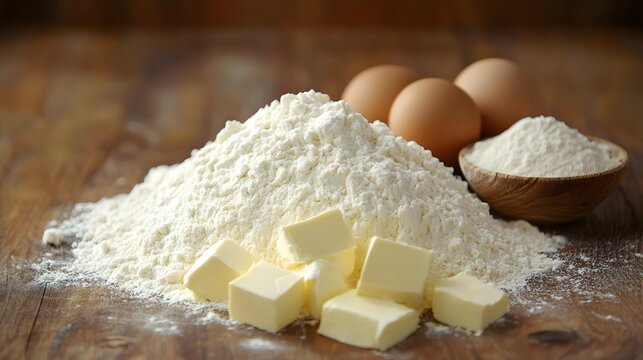 Baking ingredients flour eggs and butter on wooden surface for making cake cookies and pastry recipes