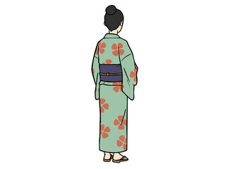 A traditional Japanese woman in a kimono stands gracefully. The image showcases a serene Obon celebration with a floral pattern. Clean, simple composition for commercial use.