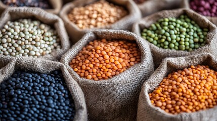Assorted legumes in burlap sacks: a colorful variety of lentils and peas for healthy eating diet