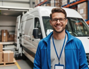 A delivery driver standing proudly in front of a cargo van smiling directly at the camera