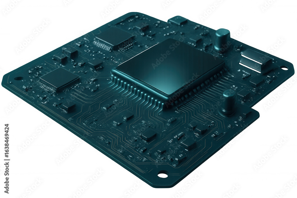 Poster close-up of a modern circuit board highlighting a microchip and other electronic components, set aga