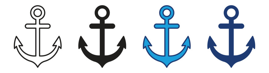 Anchor icon vector set use for web. Ship sailing anchor line and flat icon collections. Nautical anchors logo design. Vector illustration. © JafrinAkther