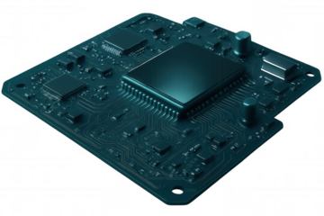 Close-up of a modern circuit board highlighting a microchip and other electronic components, set against a transparent background