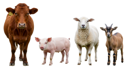 Livestock collection of four farm animals, a cow, piglet, sheep, and goat, isolated on a white background.