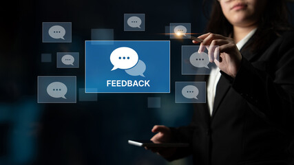 Customer or business team feedback system highlighting comments, opinions, evaluations, reviews,...