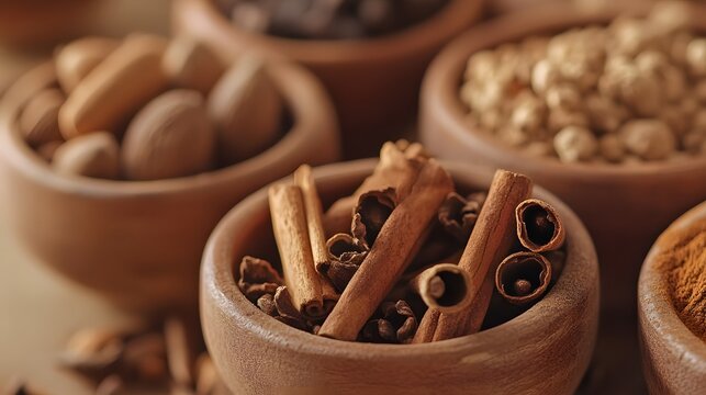 Aromatic spices cinnamon nutmeg turmeric herbs in wooden bowls for cooking and healthy eating concept photo - Powered by Adobe