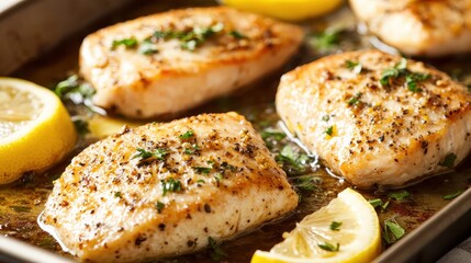 Delicious Grilled Fish with Lemon Slices and Fresh Herbs on Tray