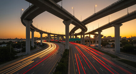 Fototapeta premium Elevated highway system with light trails at dusk showing city skyline in the background view of travel