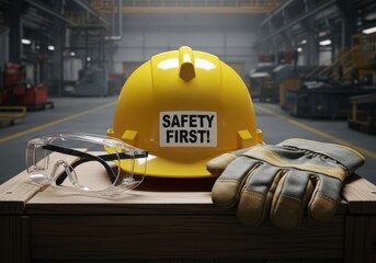 A close-up shot of workplace safety equipment, highlighting the Safety First principle