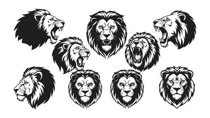 Majestic Lion Collection: A striking collection of monochrome lion illustrations showcases diverse poses and expressions, evoking the strength and regal nature of the king of the jungle. 