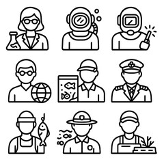 Marine Job Icons. Outline style icons of Marine Jobs and Roles: marine biologist, deep-sea diver, underwater welder, oceanographer