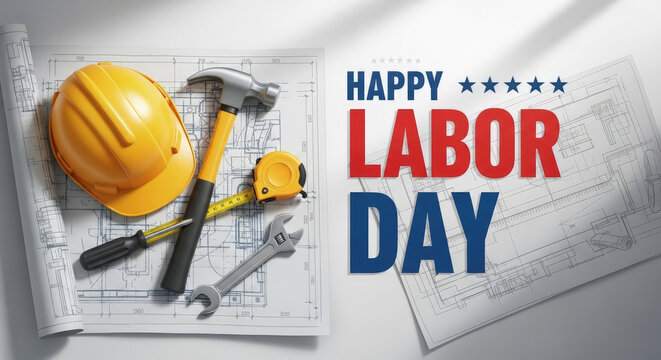 Happy Labor Day Construction Concept: Blueprint, Hard Hat, Tools. Celebrating American Workers, Engineers, Builders, and the Skilled Trades